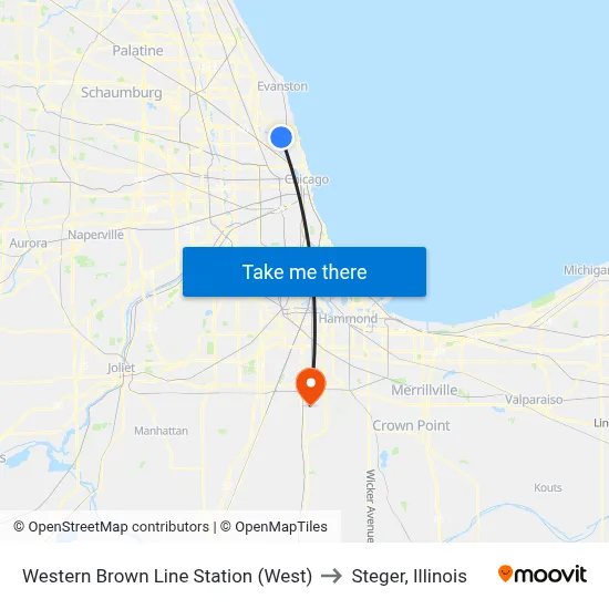 Western Brown Line Station (West) to Steger, Illinois map