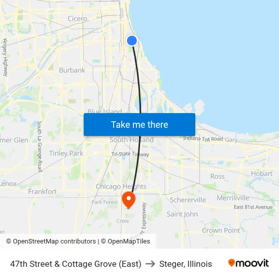 47th Street & Cottage Grove (East) to Steger, Illinois map