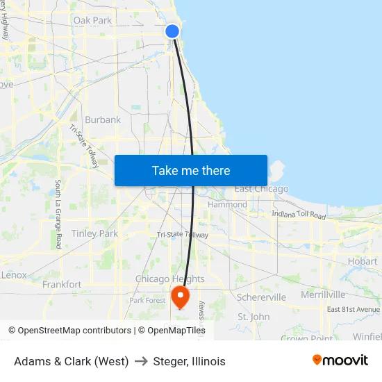 Adams & Clark (West) to Steger, Illinois map
