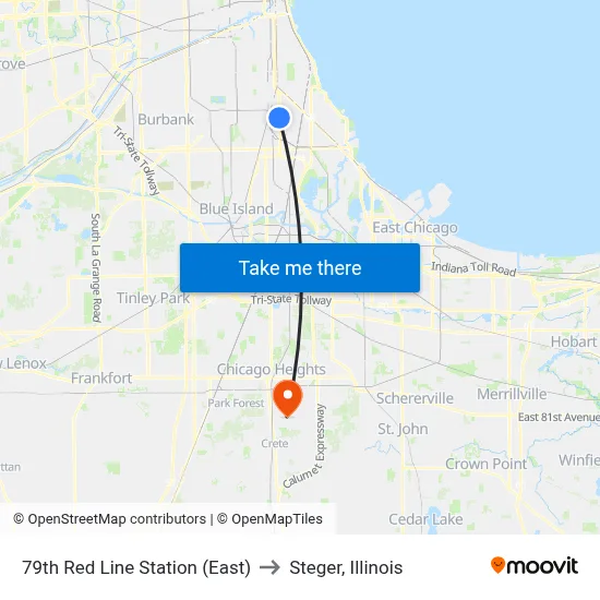 79th Red Line Station (East) to Steger, Illinois map