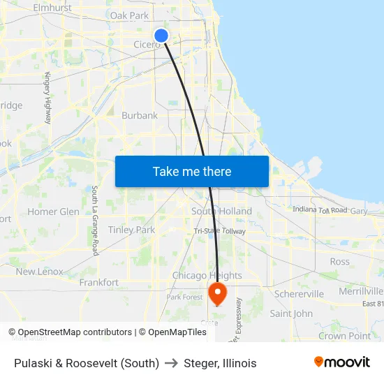 Pulaski & Roosevelt (South) to Steger, Illinois map