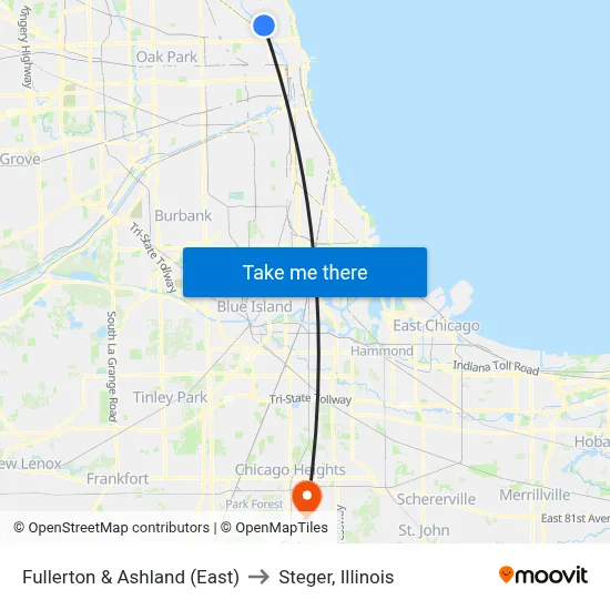 Fullerton & Ashland (East) to Steger, Illinois map
