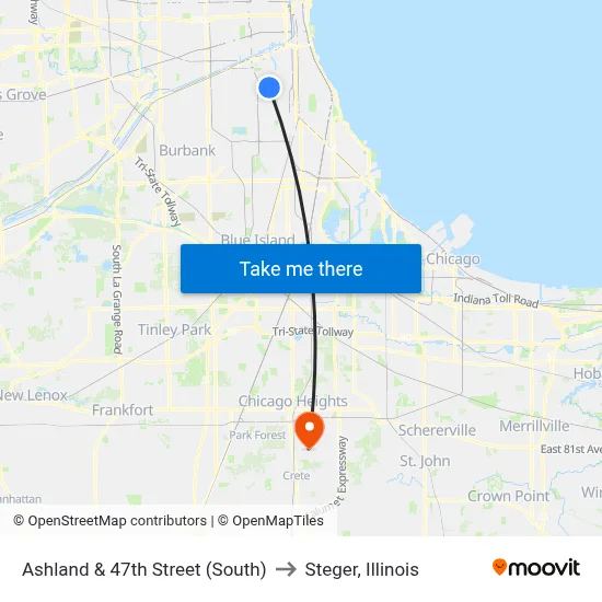Ashland & 47th Street (South) to Steger, Illinois map