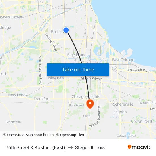 76th Street & Kostner (East) to Steger, Illinois map