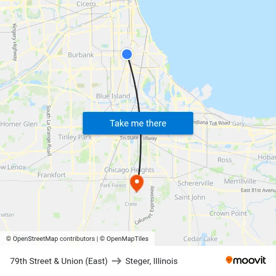 79th Street & Union (East) to Steger, Illinois map