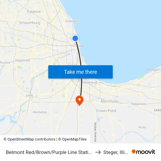 Belmont Red/Brown/Purple Line Station (East) to Steger, Illinois map