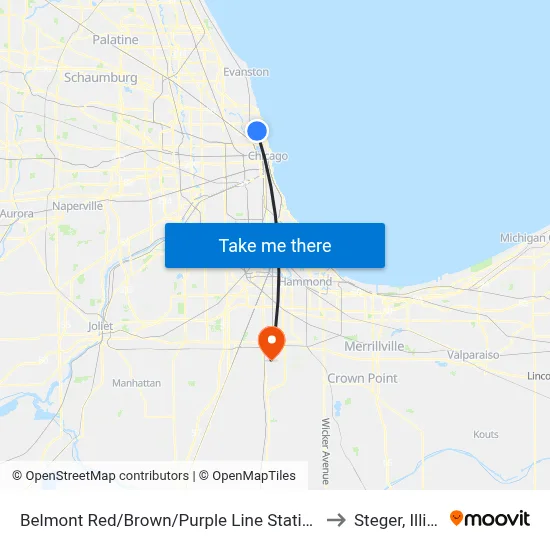 Belmont Red/Brown/Purple Line Station (West) to Steger, Illinois map