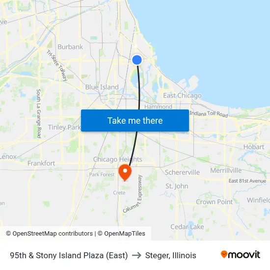 95th & Stony Island Plaza (East) to Steger, Illinois map