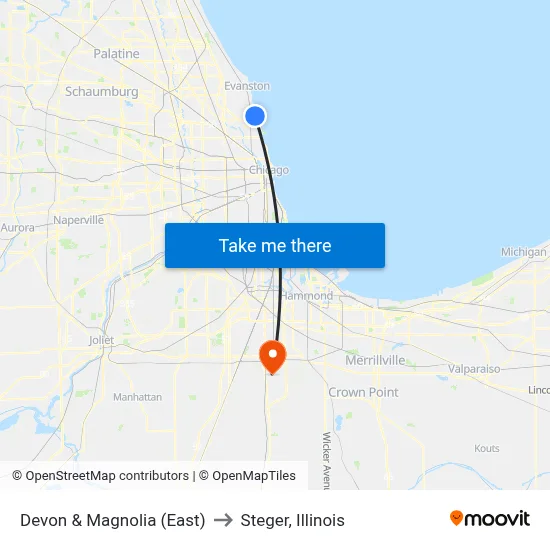 Devon & Magnolia (East) to Steger, Illinois map