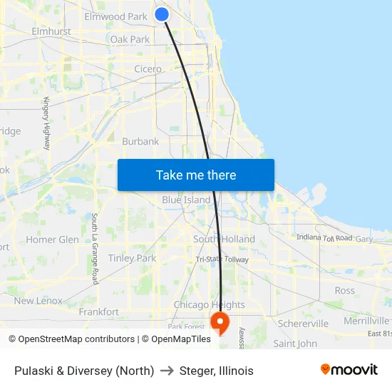 Pulaski & Diversey (North) to Steger, Illinois map