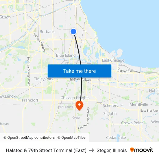 Halsted & 79th Street Terminal (East) to Steger, Illinois map