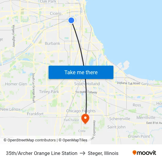 35th/Archer Orange Line Station to Steger, Illinois map