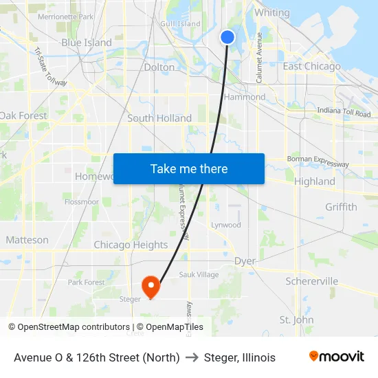 Avenue O & 126th Street (North) to Steger, Illinois map