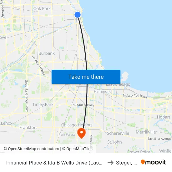 Financial Place & Ida B Wells Drive (Lasalle St Station) (North) to Steger, Illinois map