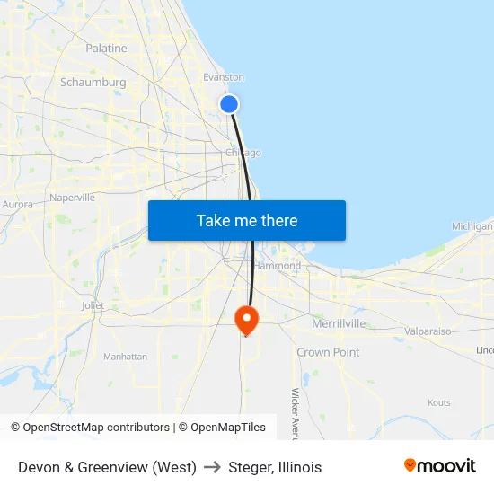 Devon & Greenview (West) to Steger, Illinois map