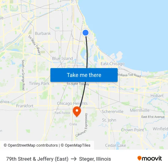 79th Street & Jeffery (East) to Steger, Illinois map