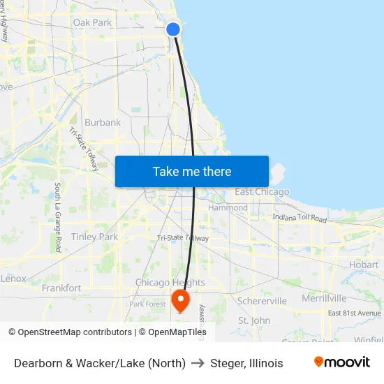 Dearborn & Wacker/Lake (North) to Steger, Illinois map