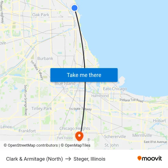 Clark & Armitage (North) to Steger, Illinois map