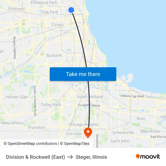 Division & Rockwell (East) to Steger, Illinois map