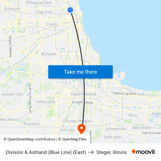 Division & Ashland (Blue Line) (East) to Steger, Illinois map