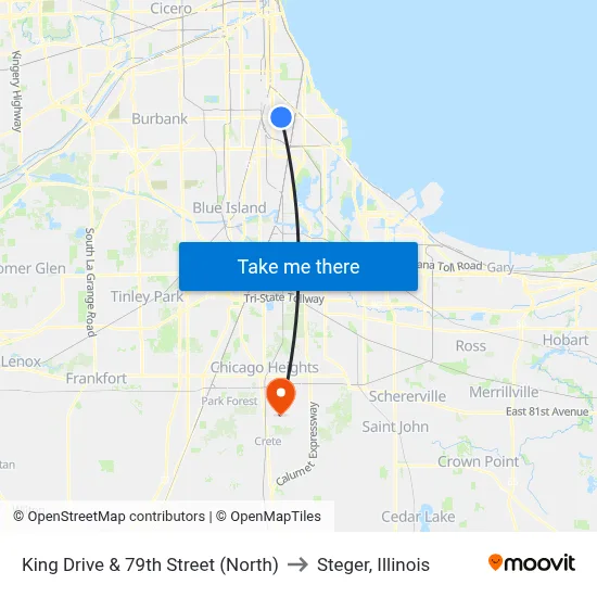King Drive & 79th Street (North) to Steger, Illinois map