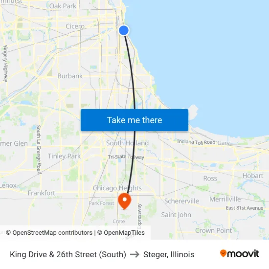 King Drive & 26th Street (South) to Steger, Illinois map