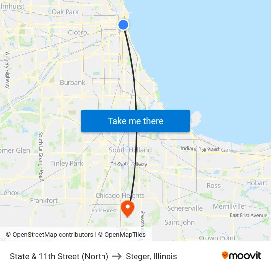 State & 11th Street (North) to Steger, Illinois map