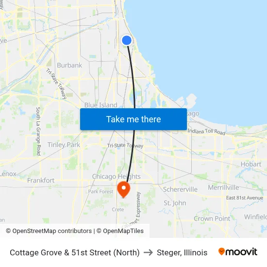 Cottage Grove & 51st Street (North) to Steger, Illinois map