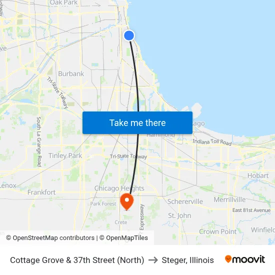 Cottage Grove & 37th Street (North) to Steger, Illinois map