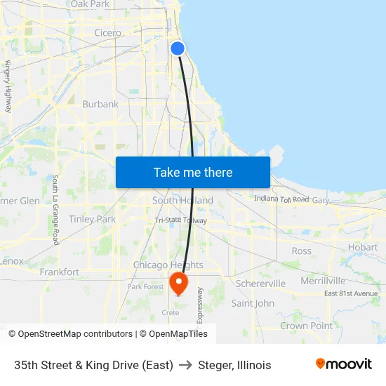 35th Street & King Drive (East) to Steger, Illinois map
