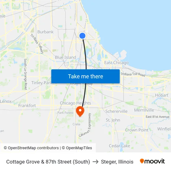 Cottage Grove & 87th Street (South) to Steger, Illinois map