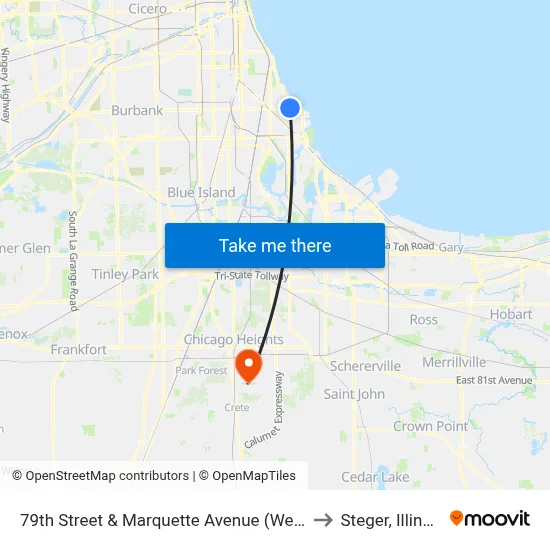 79th Street & Marquette Avenue (West) to Steger, Illinois map