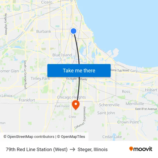 79th Red Line Station (West) to Steger, Illinois map