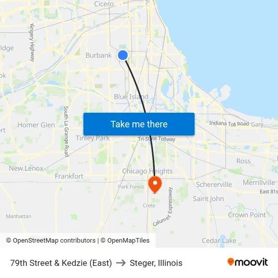 79th Street & Kedzie (East) to Steger, Illinois map