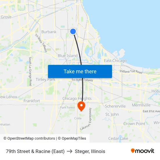 79th Street & Racine (East) to Steger, Illinois map