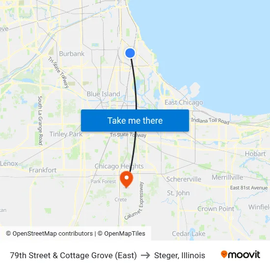 79th Street & Cottage Grove (East) to Steger, Illinois map