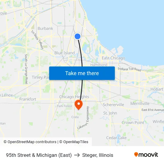 95th Street & Michigan (East) to Steger, Illinois map