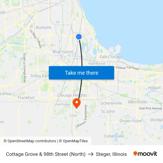Cottage Grove & 98th Street (North) to Steger, Illinois map