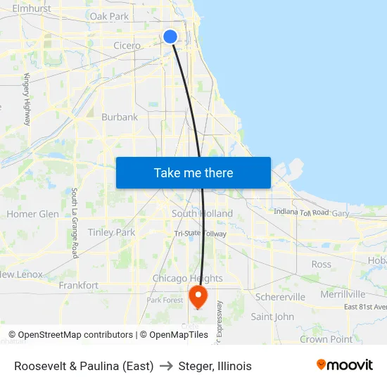 Roosevelt & Paulina (East) to Steger, Illinois map
