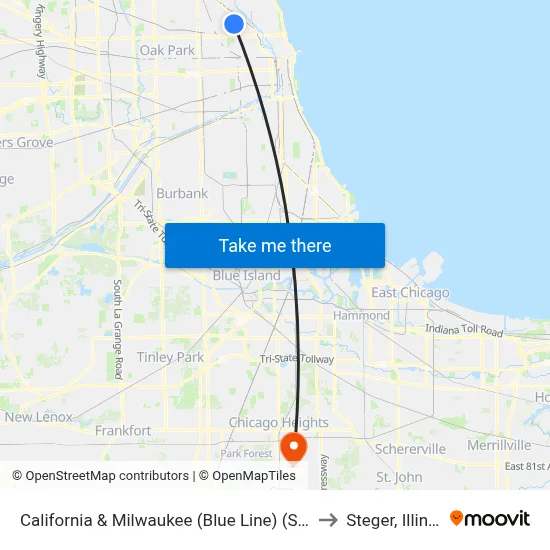 California & Milwaukee (Blue Line) (South) to Steger, Illinois map