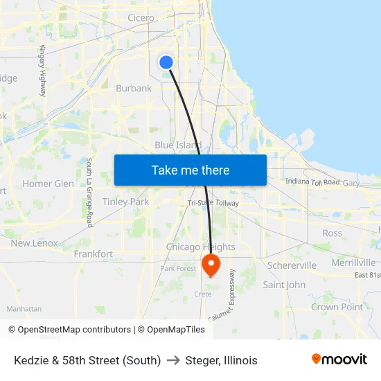 Kedzie & 58th Street (South) to Steger, Illinois map