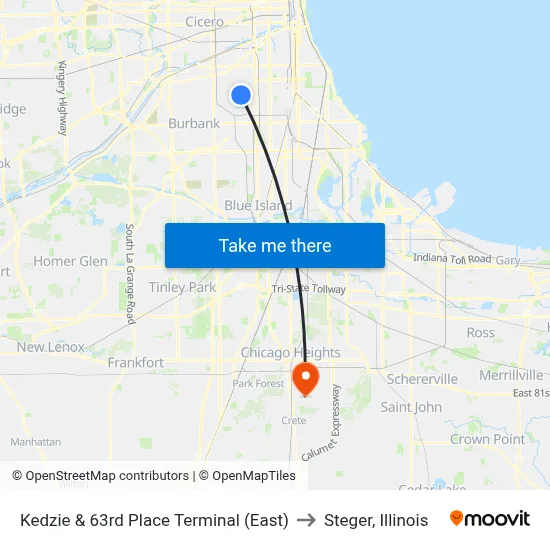 Kedzie & 63rd Place Terminal (East) to Steger, Illinois map