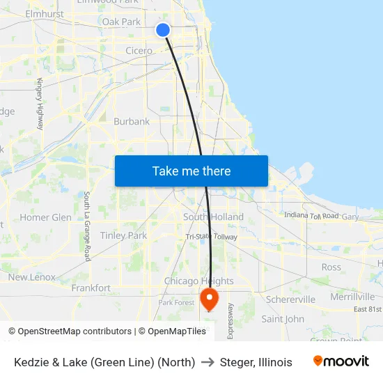 Kedzie & Lake (Green Line) (North) to Steger, Illinois map