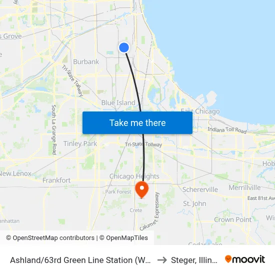 Ashland/63rd Green Line Station (West) to Steger, Illinois map