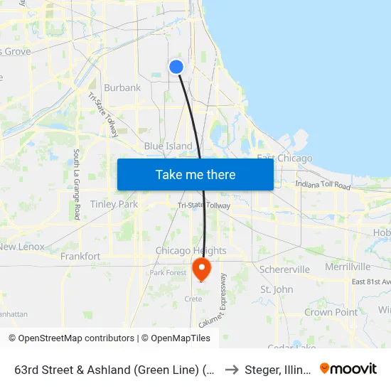 63rd Street & Ashland (Green Line) (East) to Steger, Illinois map