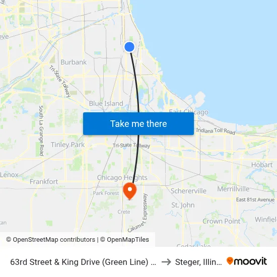 63rd Street & King Drive (Green Line) (East) to Steger, Illinois map