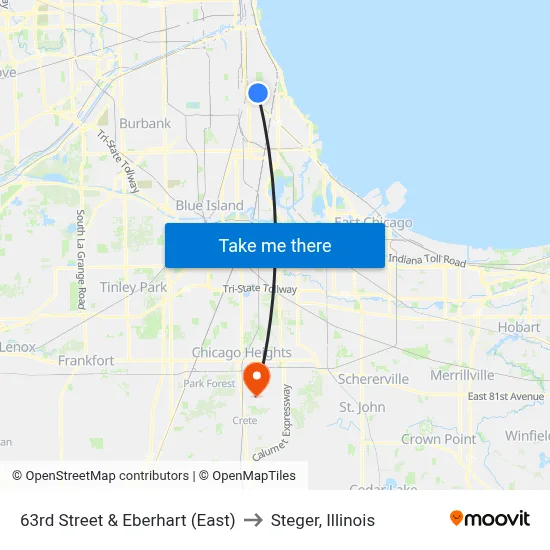 63rd Street & Eberhart (East) to Steger, Illinois map