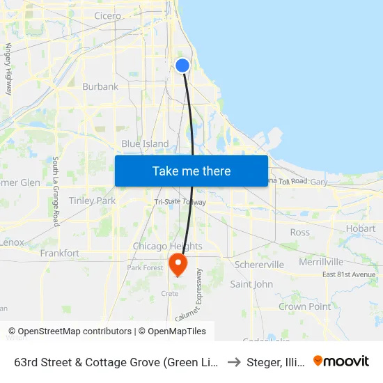 63rd Street & Cottage Grove (Green Line) (East) to Steger, Illinois map