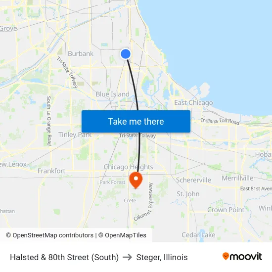Halsted & 80th Street (South) to Steger, Illinois map