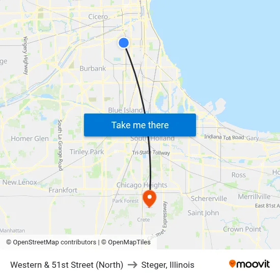 Western & 51st Street (North) to Steger, Illinois map